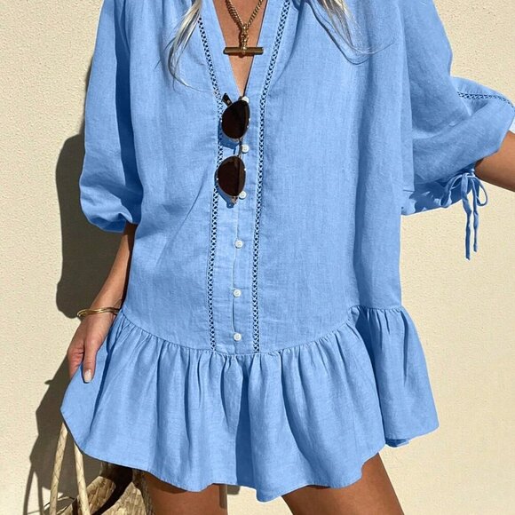 Baby Blue Cute Women's Summer Cotton Linen Ruffled Hem Dress - Picture 2 of 6